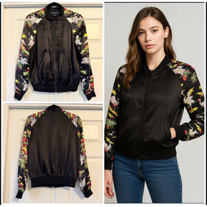 French Connection 100% Silk Bomber Jacket, Size 4, Black Full Zip Floral Sleeves